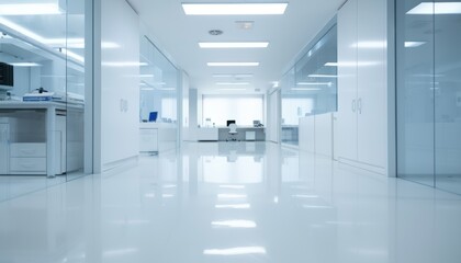 Obraz premium Modern clean laboratory interior with bright lighting and sleek design, featuring glass walls and cutting-edge equipment. High-tech workspace.
