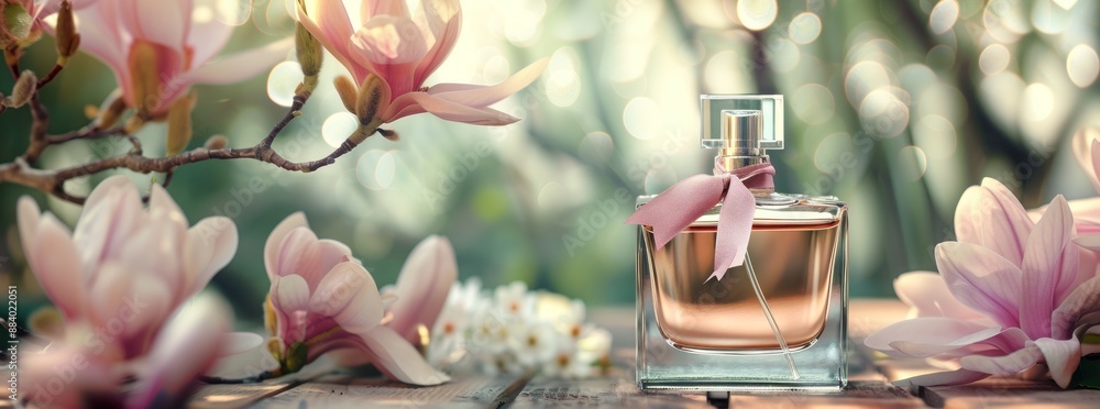 Canvas Prints Feminine Perfume Bottle with Pink Magnolia Flowers.