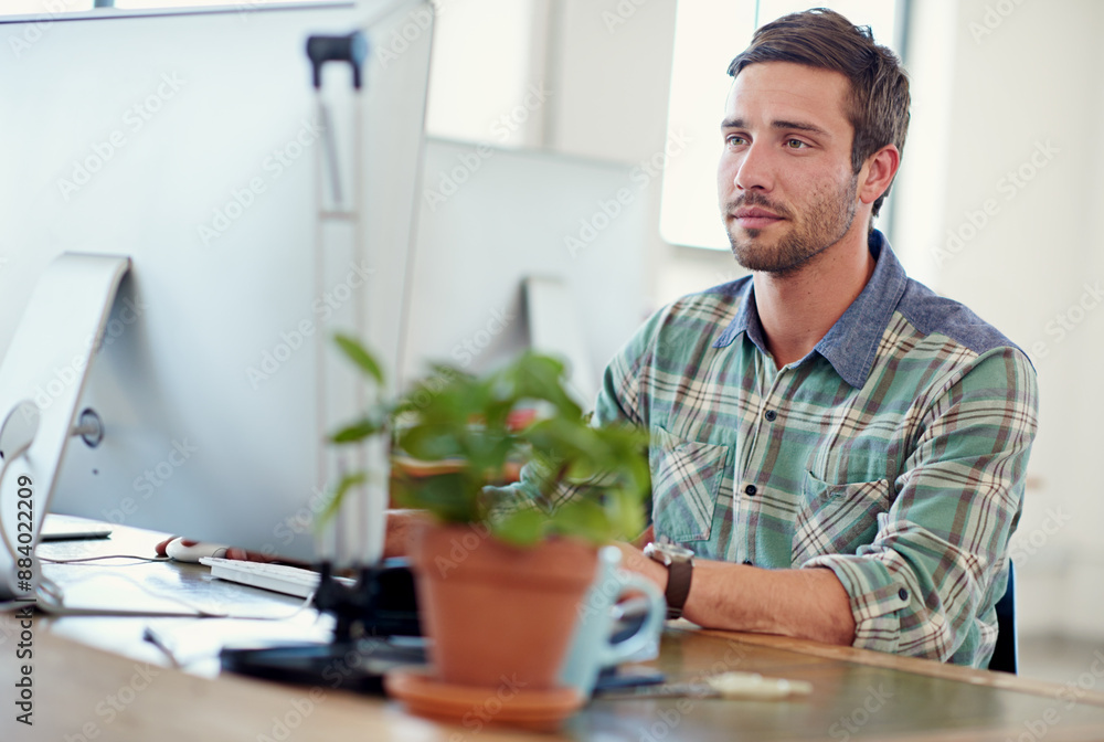 Poster Computer, startup career and business man in office for online research, website software and internet. Creative agency, web designer and person on pc for developer, programming and coding at desk