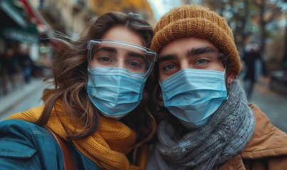 A multiracial couple wearing protective face masks takes a selfie outdoors, embracing the new normal of friendship and having fun together, highlighted by a bright filter.