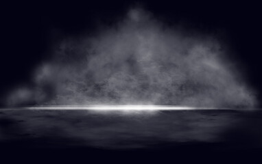 White smoke or fog flow on floor. Large mist in dark room on black background. Smoke on stage studio