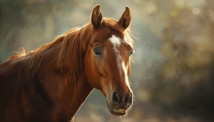 Obraz premium Portrait of a beautiful brown horse standing outdoors, showcasing its majestic appearance in a natural setting.