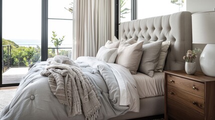 A cozy bedroom with a tufted headboard