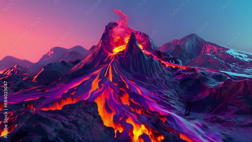 Poster stylized geometric magma flowing from the peak of a volcano in a vibrant display of color.