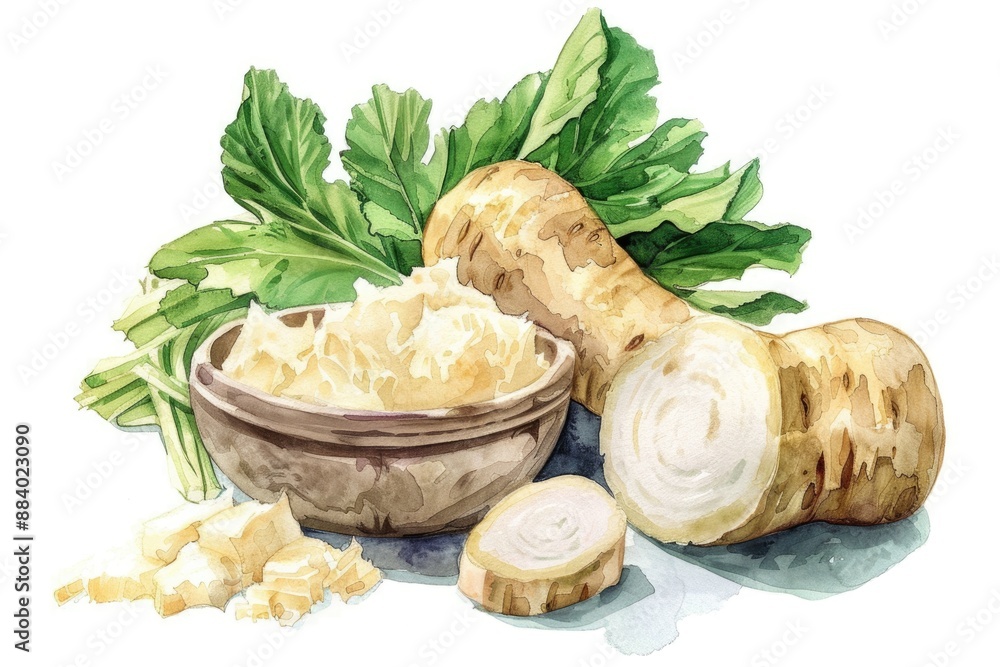 Poster Homemade Horseradish Sauce with Fresh Leaves and Root. Hand-drawn Watercolor Illustration Isolated on White Background