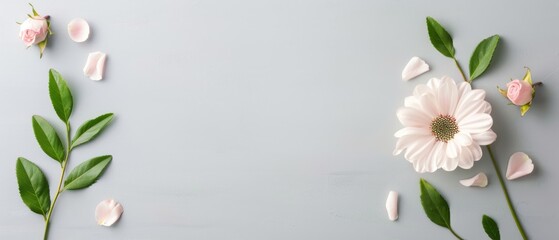 Naklejka premium A minimalist floral arrangement with light pink flowers, green leaves, and scattered petals on a gray background. Perfect for backgrounds or cards.