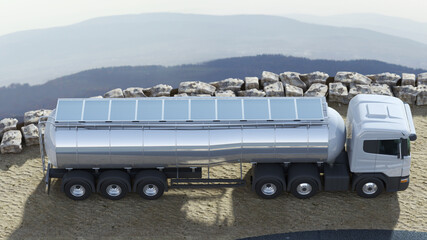 Solar Roof Panel EV truck Oil and natural gas truck transport concept landing stage at mountain view. 3D render. top view.