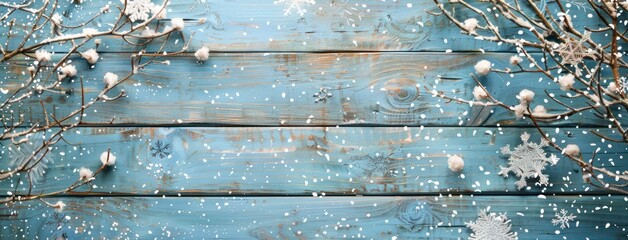 Fototapeta premium Snow-Covered Branches on Blue Wood.