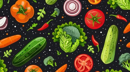 Seamless pattern of colorful vegetables on a black background