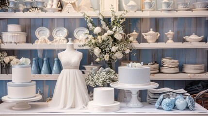 Wedding gift registry display with items chosen by the bride and groom.