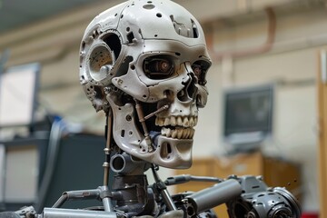 Fototapeta premium Rusty AI robot in a cluttered workshop, showcasing aged technology.