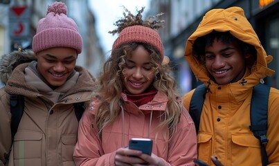 Happy multiracial friends hanging out together in the city center, watching smart mobile phones while walking outside in the street, representing modern lifestyle and real youth life.