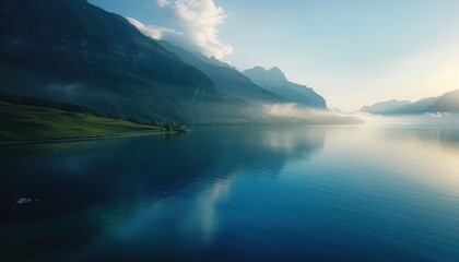 Serene mountain landscape with clear blue lake and misty skies, capturing the tranquility of nature at sunrise among the mountains.