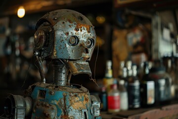 Rusty AI robot in a cluttered workshop, showcasing aged technology.