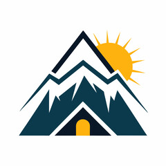 Mountain Home With Sun Symbol Logo Design Icon Vector Art Illustration