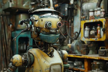 Fototapeta premium Rusty AI robot in a cluttered workshop, showcasing aged technology.