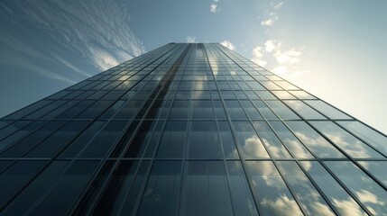 Fototapeta premium Skyscraper with reflective glass, capturing the skyline and clouds, representing modern architecture and urban development.