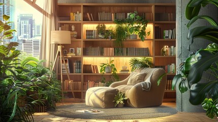 Fototapeta premium A cozy reading nook with a built-in bookshelf