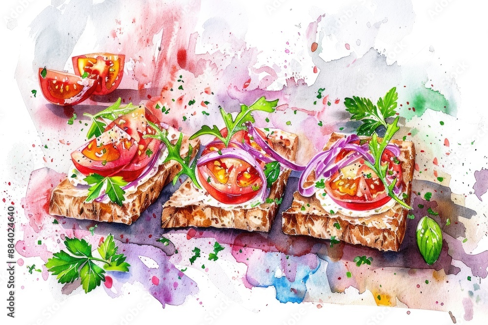 Poster Organic Veggie Crispbreads with Vegan Toppings. Watercolor Illustration of Healthy Snack