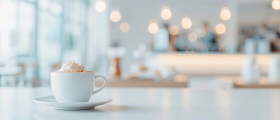 Fototapeta premium A white cup of frothy cappuccino sits on a saucer on a sleek counter in a bright, modern cafe with blurred background and warm lighting.