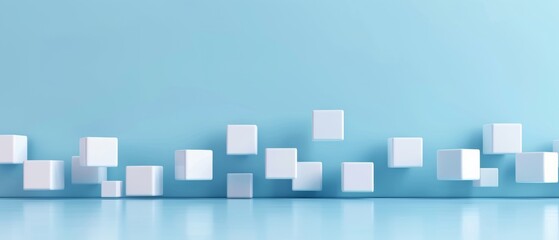 Fototapeta premium Abstract 3D rendering of floating white cubes on a light blue background, creating a modern and minimalist design concept.