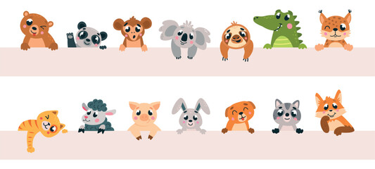 Cartoon animals holding banner. Wild animal looking out, peeping and peeking. Bear koala rabbit raccoon panda cat and fox, classy vector design