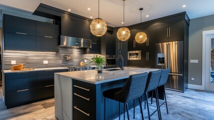 A high-end kitchen with a waterfall island