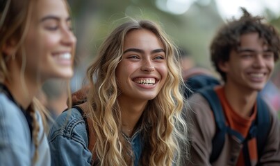 Multiracial friends and international students enjoy sitting outside the college, laughing and having fun, representing youth lifestyle and scholarship opportunities.