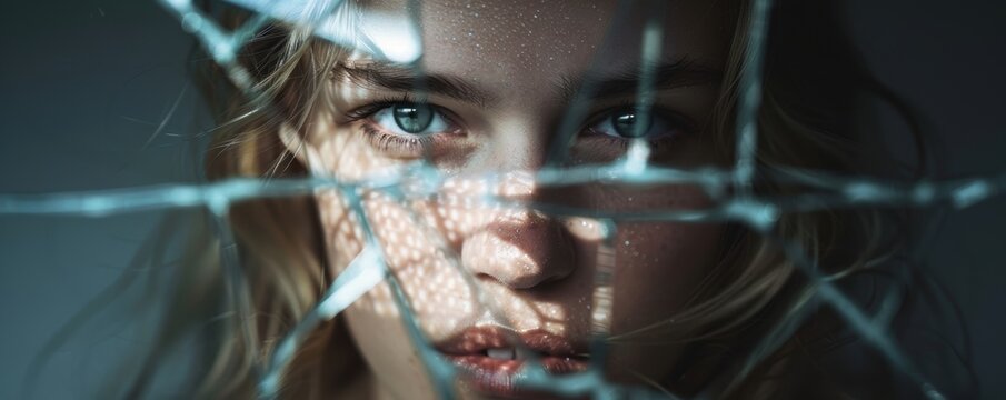 Woman looking through shards of broken glass, reflecting deep emotions and creating an intriguing, dramatic atmosphere.