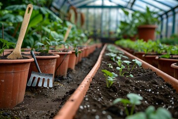 Gardeners use a rake to pour soil into long pots before planting vegetables.