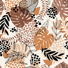 Abstract tropical pattern with leaves. Earth tones. Monstera pattern