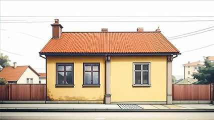 Traditional European minimalist modern art house along the street, wall around the house, view of the road and sidewalk,