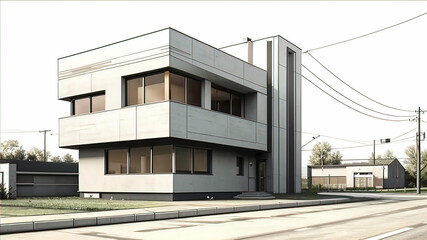 Traditional European minimalist modern art house along the street, wall around the house, view of the road and sidewalk,