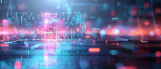 Fototapeta premium Abstract digital background with futuristic neon lights, technology grids, and data flow, depicting modern tech and innovation.