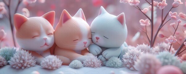 Cats and dogs nuzzling gently, love and affection, pastel colors, 3D rendering, peaceful and serene scene