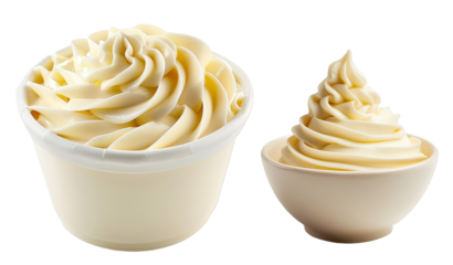 Two servings of creamy vanilla whipped cream in white bowls, isolated on a white background, perfect for dessert or baking visuals.