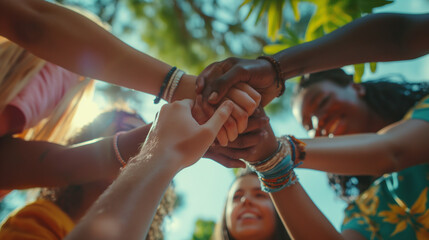 Group of people of different ethnicities are shown holding hands in a circle from the perspective of the ground