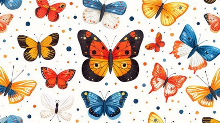 Colorful butterflies of various species flutter against a backdrop of polka dots
