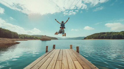 Person is jumping off the end of the dock into the lake
