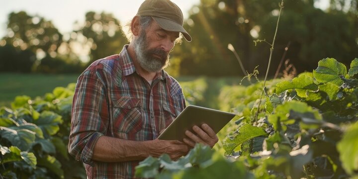 Farmer using a tablet to manage crops in a vineyard, highlighting technology in agriculture.