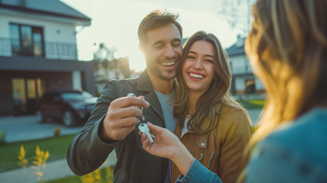 Smiling couple is receiving keys to a new home from a real estate agent