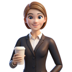 Smiling Businesswoman Holding Coffee Cup in Transparent Background