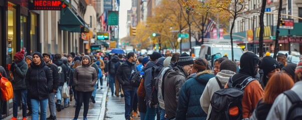 People in winter jackets standing in long line outside store, waiting for Black Friday sale.