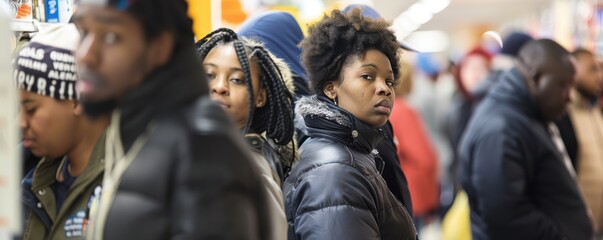 People in winter jackets standing in long line outside store, waiting for Black Friday sale.