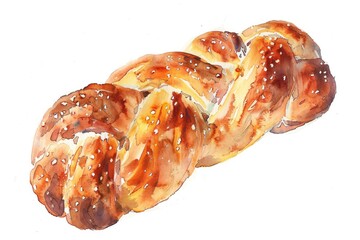 Fototapeta premium Traditional Jewish Challah Bread with Sesame Seeds. Hand-drawn Watercolor Illustration of Fresh Braided Pastry on White Background