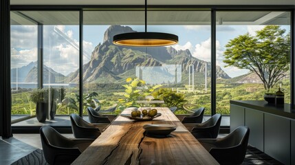 Fototapeta premium A modern dining room with a long wooden table