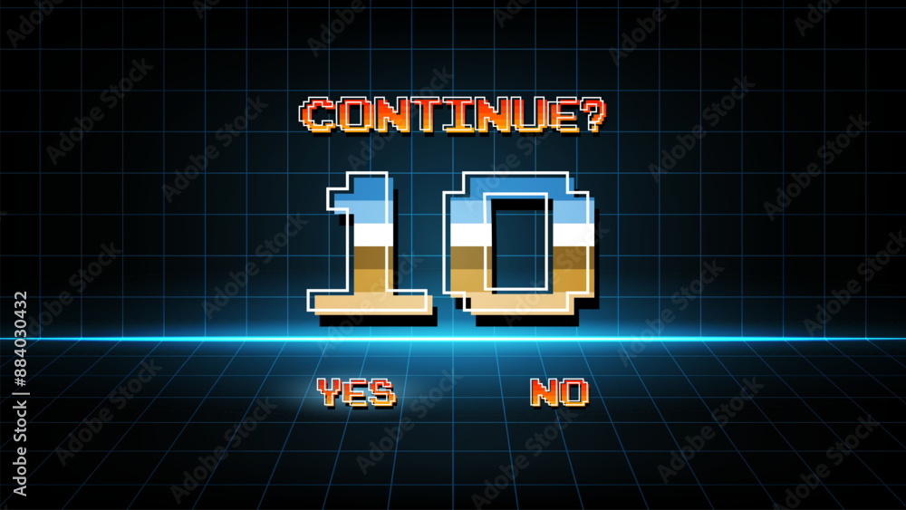 Poster countdown to continue after the game over screen, retro 8 bit style.pixel art.