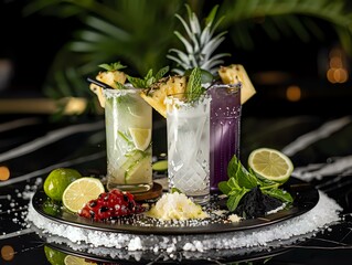 Fototapeta premium Tropical Fruit Arrangement with Margarita Pitcher and Flavorful Rim Seasonings