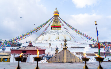 Landscape view of Boudhanath stupa in Kathmandu, Nepal.