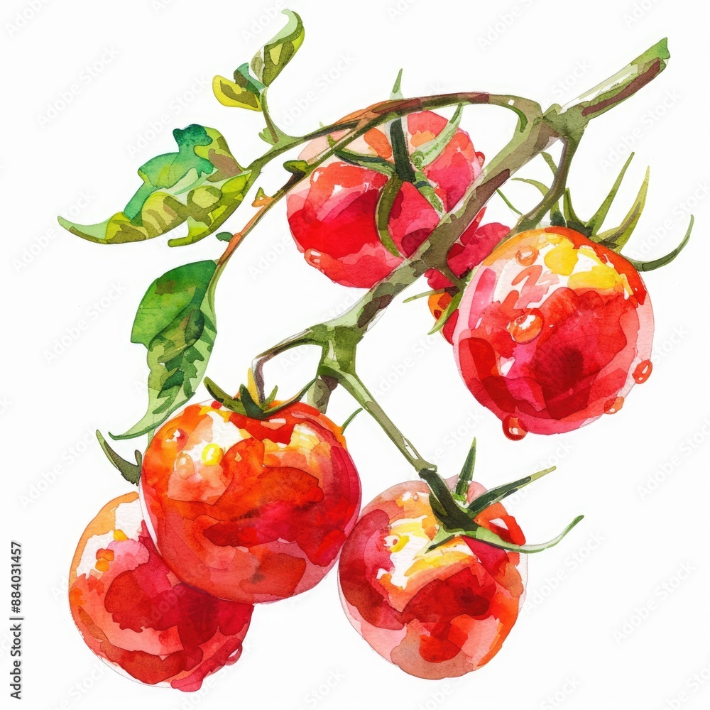 Sticker Watercolor Cherry Tomatoes, Fresh Vegetables on White Background - Hand Drawn Illustration